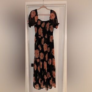 Patrons of Peace Black Midi Dress with Peach Floral Print